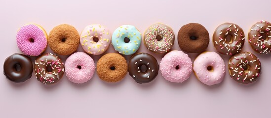 Poster - Delicious donuts against isolated pastel background Copy space