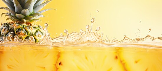 Poster - Closeup of fresh pineapple slices in water with bubbles Vertical shot on a isolated pastel background Copy space