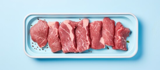 Canvas Print - Fresh large tender strips of beef and pork on a blue tray isolated on a isolated pastel background Copy space