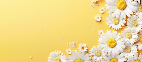 Sticker - Birds eye view of a circular arrangement of daisies and dandelions on a vibrant isolated pastel background Copy space