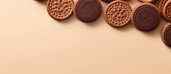 Poster - Closeup of isolated milk chocolate crispy cookies on a isolated pastel background Copy space