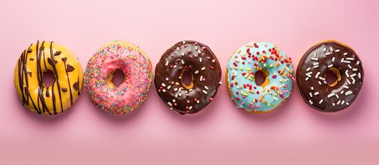Poster - Delicious donuts against isolated pastel background Copy space