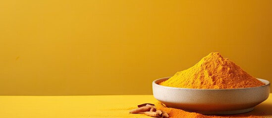Leinwandbilder - A bowl filled with turmeric powder isolated pastel background Copy space