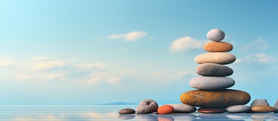 Poster - Balance Stones stacked into a green pyramid background for Spa ideas on rocks isolated pastel background Copy space