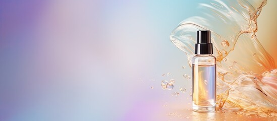 Poster - Adding essential oil to glass bottle on isolated pastel background Copy space
