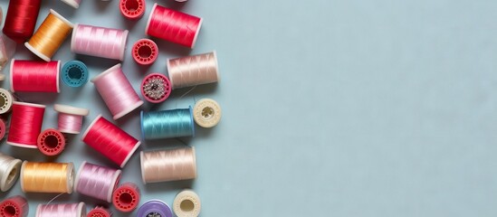 Poster - Different colored pins for sewing along with thread and a thimble against a isolated pastel background Copy space