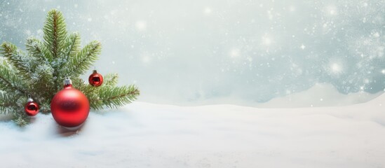 Fototapete - Christmas tree red glass ball and snow on an evergreen spruce isolated pastel background Copy space
