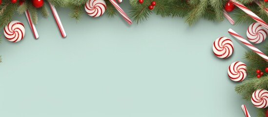 Aufkleber - Candy canes pine branches and balls on a isolated pastel background Copy space create a sugary frame