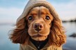 Close-up portrait photography of a smiling cocker spaniel hiding wearing a sherpa coat against a beautiful lagoon background. With generative AI technology