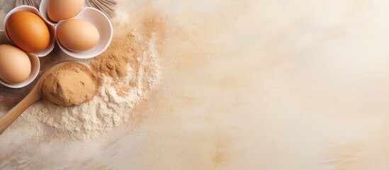 Poster - Baking preparations with eggs and a wooden spoon on a flour background making homemade food by kneading dough isolated pastel background Copy space