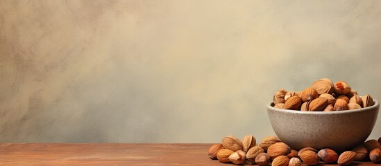 Wall Mural - Bowl of nut shells on Christmas dinner table isolated pastel background Copy space