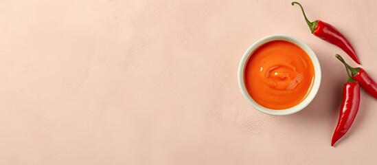 Poster - Chilli pepper and sauce in bowl on a isolated pastel background Copy space