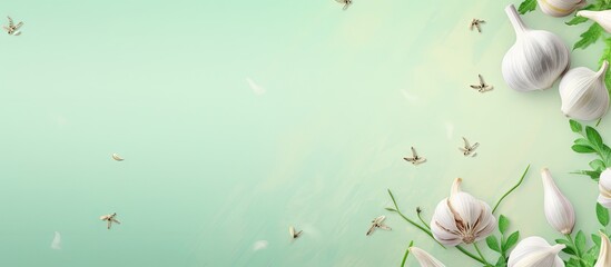 Aufkleber - Flying garlic and parsley on isolated pastel background Copy space