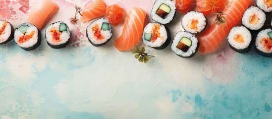 Poster - Japanese sushi rolls with tobico isolated pastel background Copy space