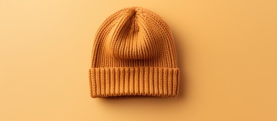 Poster - Kids wearing knitted cap in a photo Visible shadow Caramel shade isolated pastel background Copy space