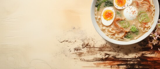 Poster - Japanese ramen noodles with pork egg and seaweed served in a ceramic bowl in Japan absolutely delectable isolated pastel background Copy space
