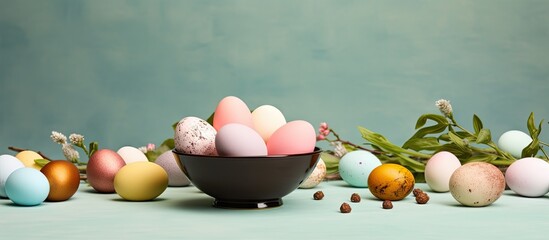 Poster - chocolate eggs in egg cup on table at home isolated pastel background Copy space