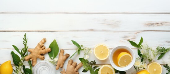 Poster - Ginger tea combining citrus sweetness herbs on a isolated pastel background Copy space