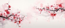 Japanese Cherry Blossom Branch Illustration With Red Decorative Elements In Ink Painting Isolated Pastel Background Copy Space