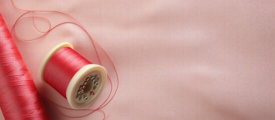 Poster - Different colored pins for sewing along with thread and a thimble against a isolated pastel background Copy space