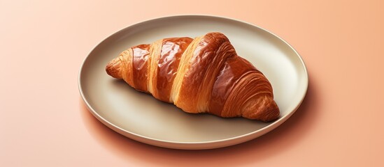 Aufkleber - A fragrant croissant filled with chocolate on a clay plate closeup on isolated pastel background Copy space