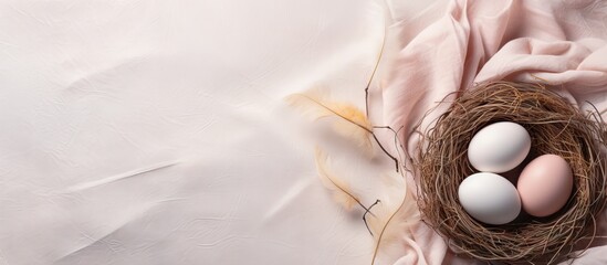 Poster - Cotton cloth nest with white eggs isolated pastel background Copy space