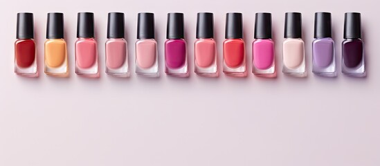 Poster - Bright nail polishes grouped together on isolated pastel background Copy space