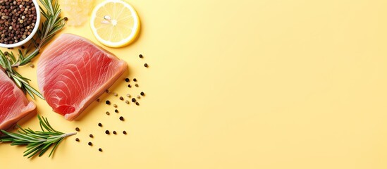 Poster - Fresh tuna fillet steak with rosemary lemon and peppercorns on a isolated pastel background Copy space Top view