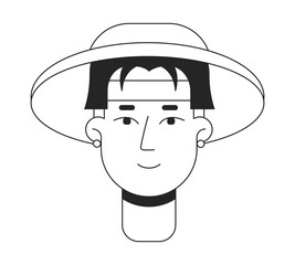 Poster - Excited asian man smiling monochrome flat linear character head. Editable outline hand drawn human face icon. Cheerful boy 2D cartoon spot vector avatar illustration for animation