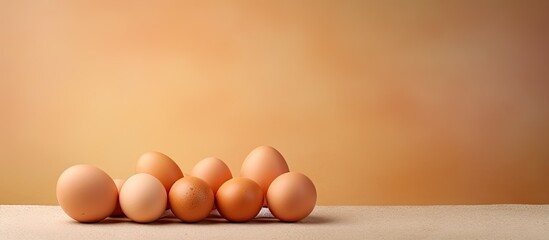 Poster - Eggs on table rich in vitamins and nutrition isolated pastel background Copy space