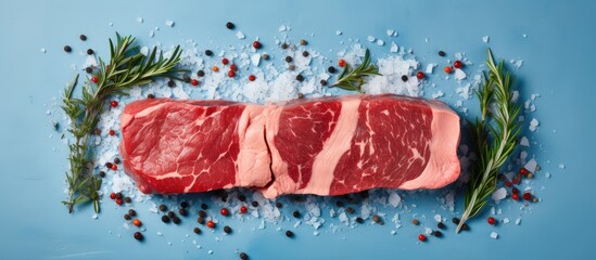 Poster - Fresh large tender strips of beef and pork on a blue tray isolated on a isolated pastel background Copy space
