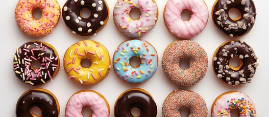 Poster - Delicious donuts against isolated pastel background Copy space