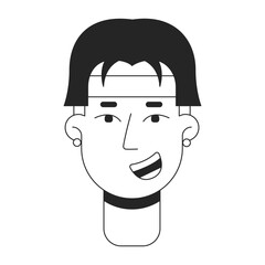 Poster - Excited asian man smiling monochrome flat linear character head. Editable outline hand drawn human face icon. Cheerful boy 2D cartoon spot vector avatar illustration for animation