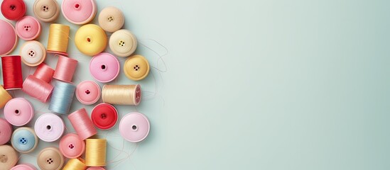 Poster - Different colored pins for sewing along with thread and a thimble against a isolated pastel background Copy space