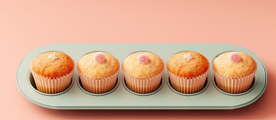 Canvas Print - A baking tray with uncooked cupcake batter on a isolated pastel background Copy space