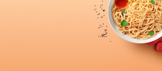 Poster - Instant noodles and hot water in bowl isolated on a isolated pastel background Copy space