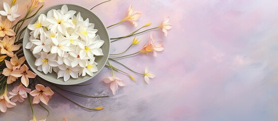 Poster - A bowl on a table holds Thai jasmine rice isolated pastel background Copy space