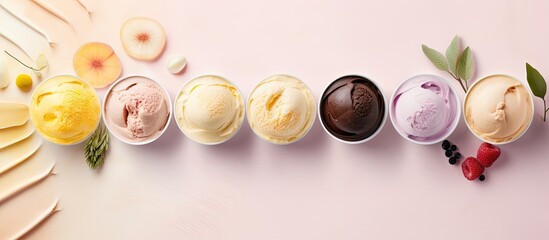 Aufkleber - coffee tea mango taro and coconut flavors of healthy homemade low fat ice cream isolated pastel background Copy space