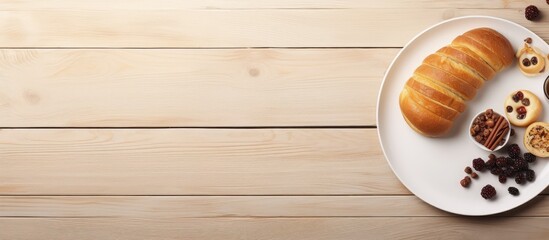 Wall Mural - Bakery with bread raisins and a plate on a wooden floor Many raisins on a white plate isolated pastel background Copy space