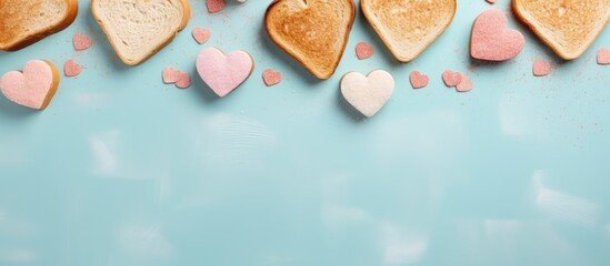 Aufkleber - Heart shaped sandwiches and bread make a tasteful arrangement on the table isolated pastel background Copy space