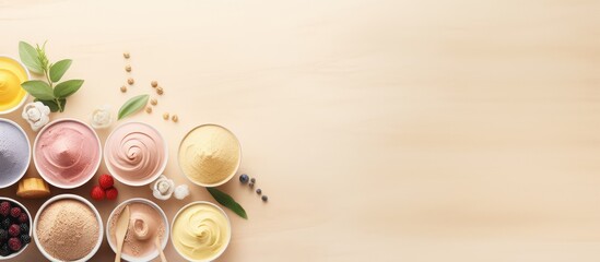 Aufkleber - coffee tea mango taro and coconut flavors of healthy homemade low fat ice cream isolated pastel background Copy space