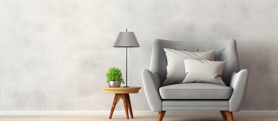 Poster - Contemporary Scandinavian living room or office interior Old gray armchair with white cushion light on isolated pastel background Copy space floor against bright wall horizontal view empty area