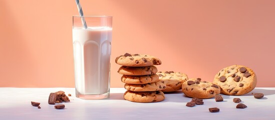 Chocolaty cookies and milk isolated pastel background Copy space