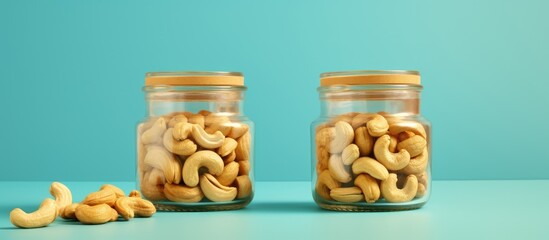 Aufkleber - Fried cashews in glass jars with top view on a isolated pastel background Copy space