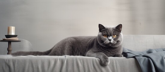 Poster - A British cat lounges on a sofa with a blanket in a dimly lit living room isolated pastel background Copy space