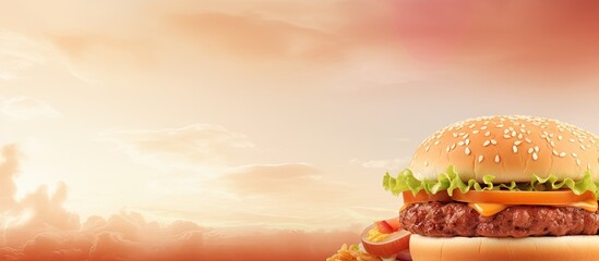 Poster - Burger depicted in a scenic view isolated pastel background Copy space