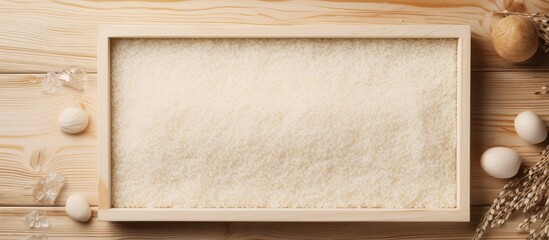 Aufkleber - Beautiful wooden table with dry white sesame seeds in a box for spices isolated pastel background Copy space