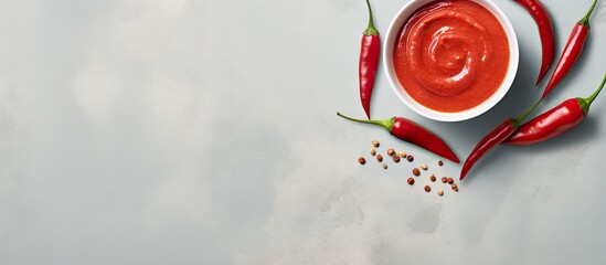 Poster - Chilli pepper and sauce in bowl on a isolated pastel background Copy space