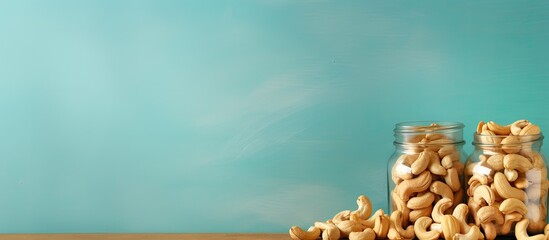 Aufkleber - Fried cashews in glass jars with top view on a isolated pastel background Copy space