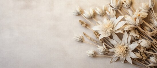 Wall Mural - Indonesian endemic flower Javanese edelweiss dried and placed in a pot isolated pastel background Copy space